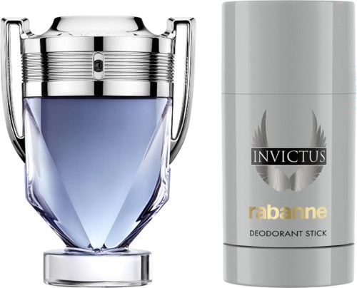 En silvertrofé med en genomskinlig blå infattning och en vit deodorantstift med svarta vingar, märkt "Invictus" och "Rabanne."