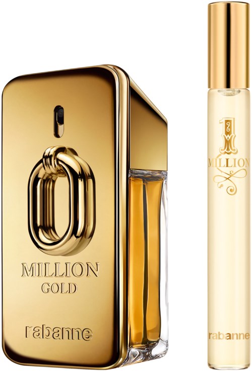 Goudkleurige parfumfles en een doorzichtige spraycontainer met gouden dop, merk 'Million Gold' en 'Rabanne'.