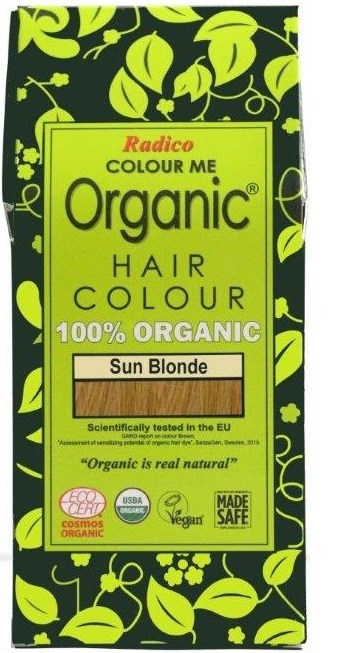 Bright green and black box for hair dye, labeled 'Radico Organic' in yellow and red, indicating sun blonde color, 100% organic.