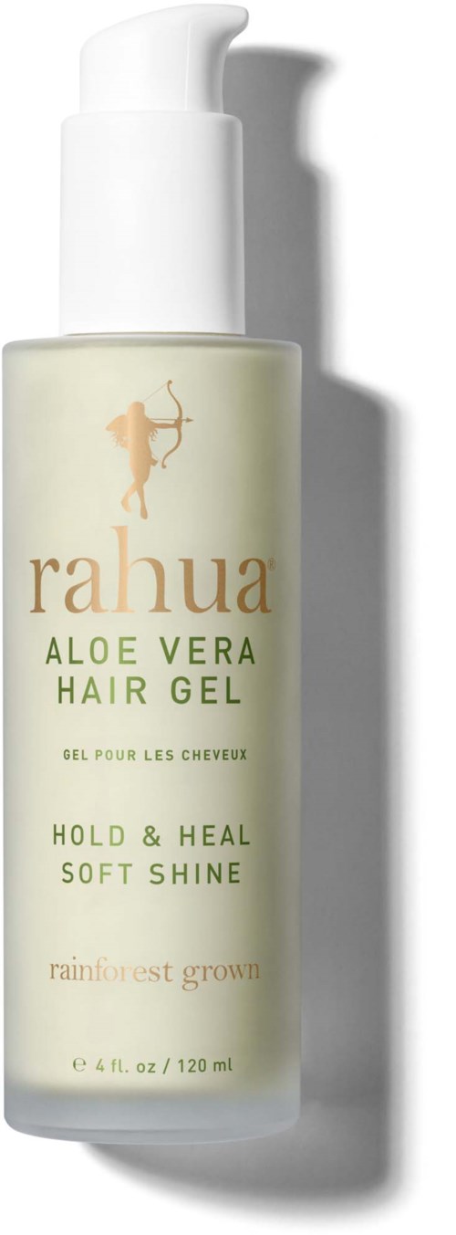 En vit flaska med pump innehåller Rahua Aloe Vera Haar Gel, märkt för mjukt glänsande och helande.