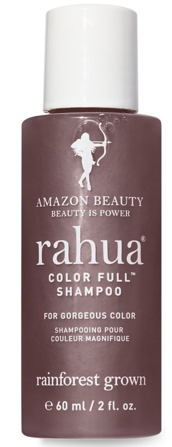En flaske Rahua Color Full Shampoo med hvit kork, lilla kropp og en silhuett av en kvinne med en bue.