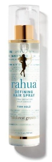 Läpinäkyvä suihkepullo, jossa on kultainen korkki, merkinnällä 'Rahua Defining Hair Spray', ja kuva putoavasta naisesta.