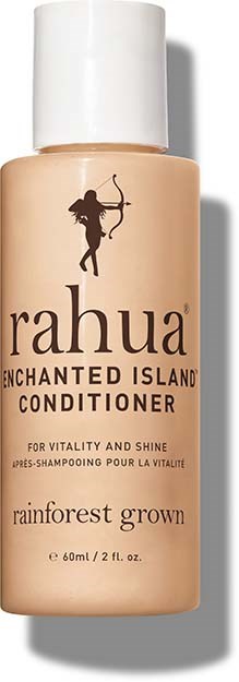 En beige flaske med Rahua Enchanted Island conditioner med hvid hætte, med en kvinde med bue og pil logo.