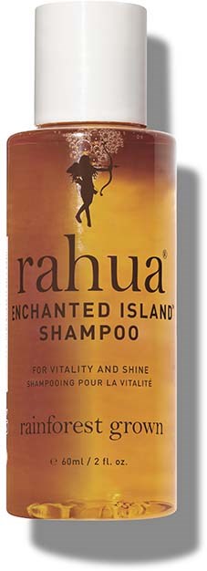 schampoflaska märkt Rahua Rainforest Grown, lovar vitalitet och glans, med en regnskogbild. Rymmer 2 fl oz.