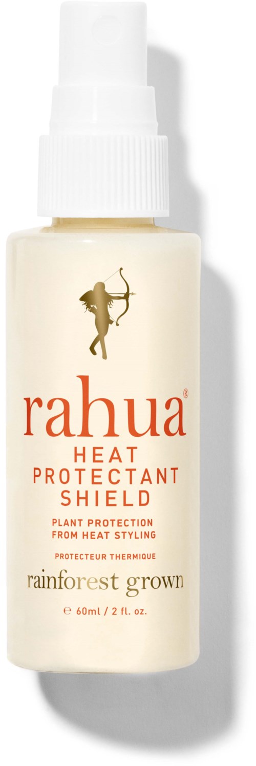 Butelka spraye marki Rahua Heat Protectant Shield dla ochrony roślin przed stylizacją na ciepło, nazwana rainforest grown, 60 ml.