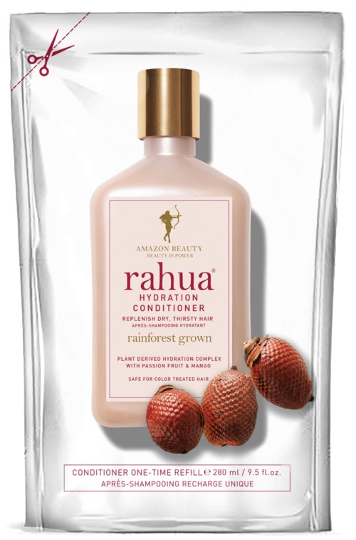 En flaske Rahua Hydration Conditioner på elegant emballasje med passionfrukt og mango bilder.