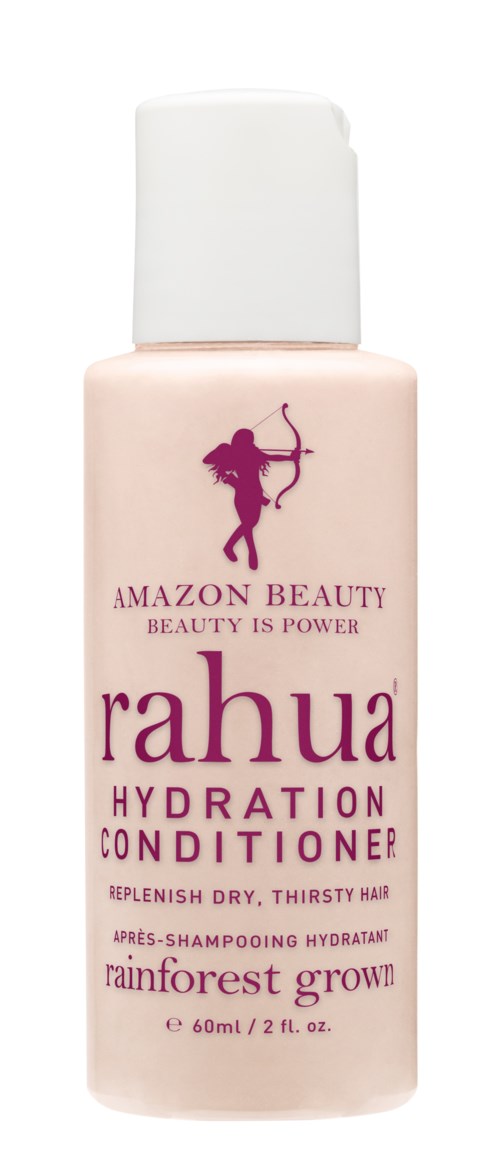 En rosa flaske merket 'Rahua Hydration Conditioner' med en silhuett av en kvinne med bue og pil.