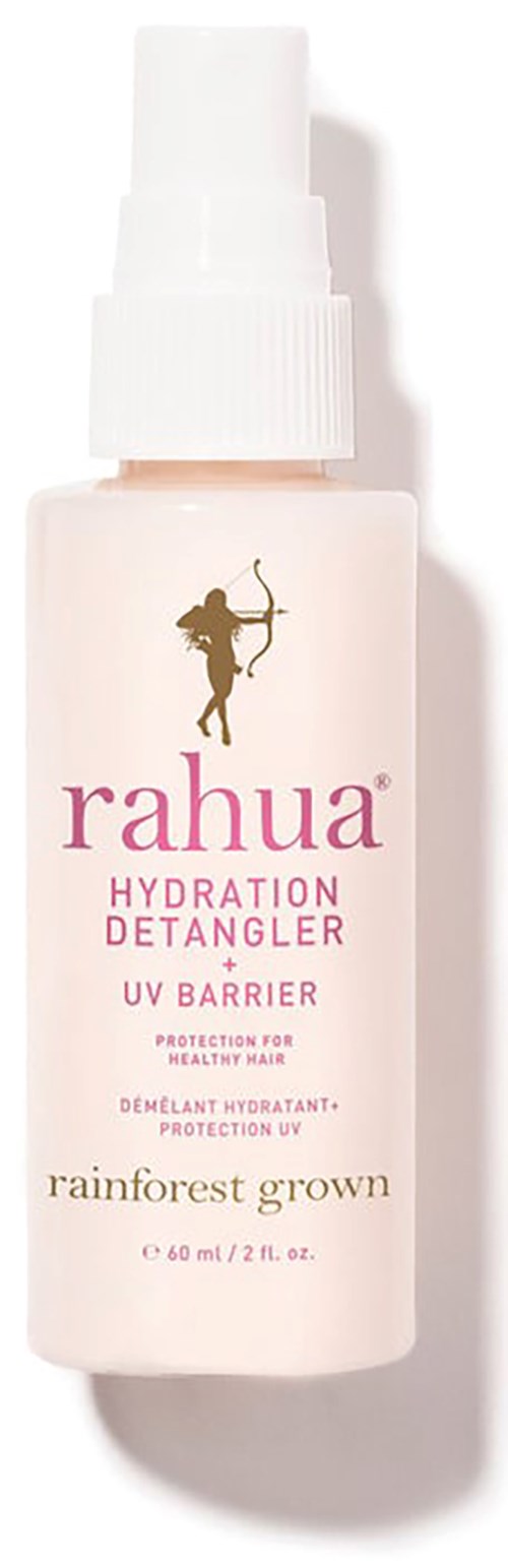 Biała butelka spray z napisem "Rahua Hydration Detangler UV Barrier" z sylwetką kobiety z łukiem i strzałą.