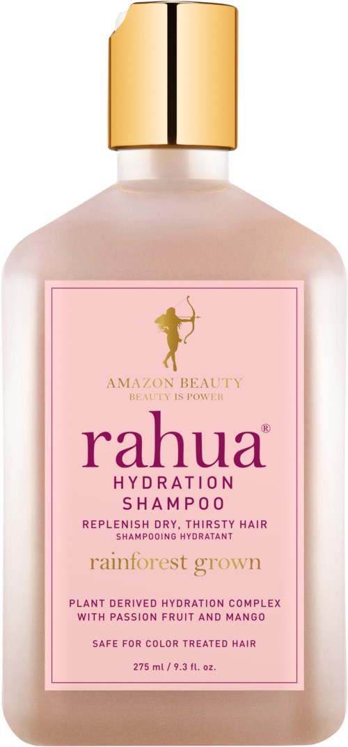 Różowa butelka z złotym korkiem, oznaczona 'Rahua Hydration Shampoo' dla suchej, spragnionej skóry głowy, z passion fruit i mango.