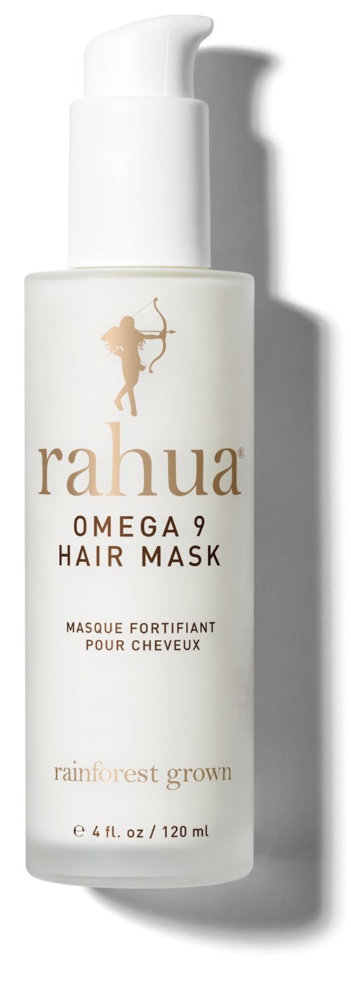 Vit flaska med pump innehåller Rahua Omega 9 Hair Mask, lämplig för regnskog, 120 ml.