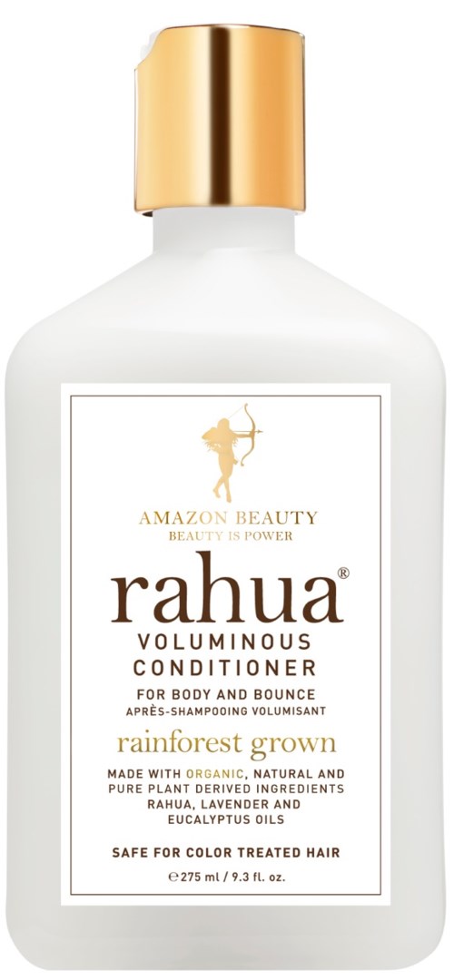 Biała butelka z złotym zakrętką, oznaczona 'Rahua Voluminous Conditioner' do włosów, roślinny, bezpieczny dla farbowanych włosów.