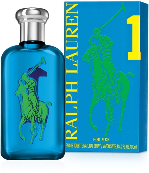 Blå parfyllflaska med grön logga av en häst- och polo-spelare, bredvid en matchande box med gul text.