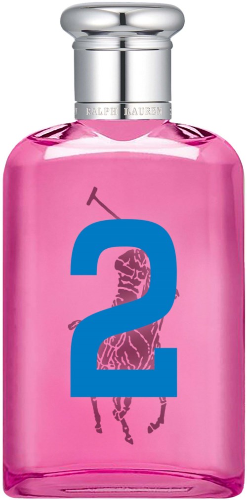 Roze parfumfles met grote blauwe nummer 2 en girafillustratie.