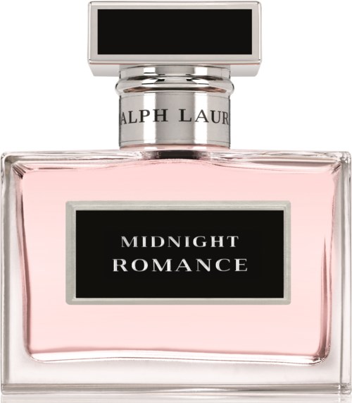 A perfume bottle labeled 'Midnight Romance' with a pink liquid inside and a silver cap.