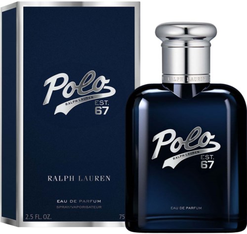 A navy blue perfume bottle and box, with silver cap and Polo Ralph Lauren logo, standing upright.