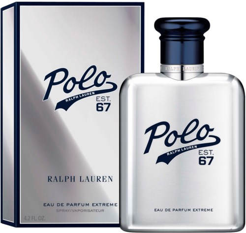 En parfymflaska och box med Polo Ralph Lauren-märken, silverfärgad och en mörk hatt, kallad Polo EST 67.