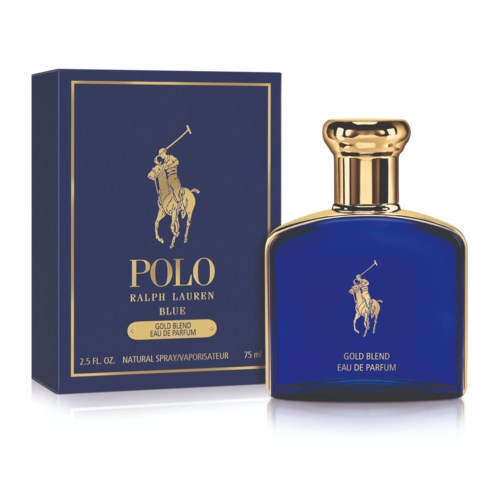 En blå parfymlåda och flaska med gulddetaljer, med en polo spelare och texten Ralph Lauren Polo Blue.
