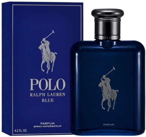 Blå parfymflaska och matchande blått paket med Polo Ralph Lauren-logotyp och text.