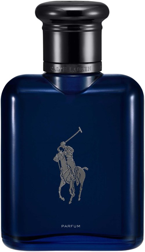 Donkerblauwe parfumfles met een zilveren logo van een rijdende man op een paard en het woord 'PARFUM'.