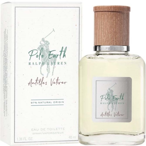 En parfymeflaske og eske med Polo Earth av Ralph Lauren, duft er Antilles Vetiver, naturlige ingredienser, 40 ml.