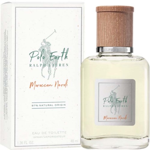 En parfymflaska och box märkt Polo Earth, Moroccan Neroli, 97% naturligt ursprung, av Ralph Lauren.
