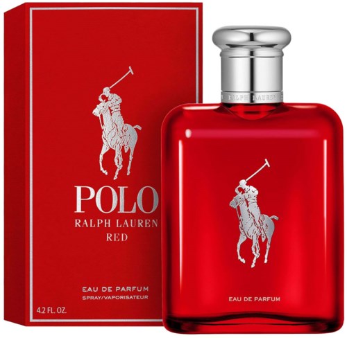 Rode fles en doos met Polo Ralph Lauren-logo, naam en zilveren dop.