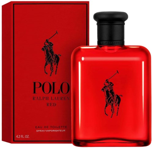 En röd flaska och kartong för Polo Ralph Lauren Red parfym med en svart logga av en polo spelare.