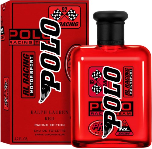 A red perfume bottle and box with racing flags and RLO Polo Racing branding, themed for motorsport.