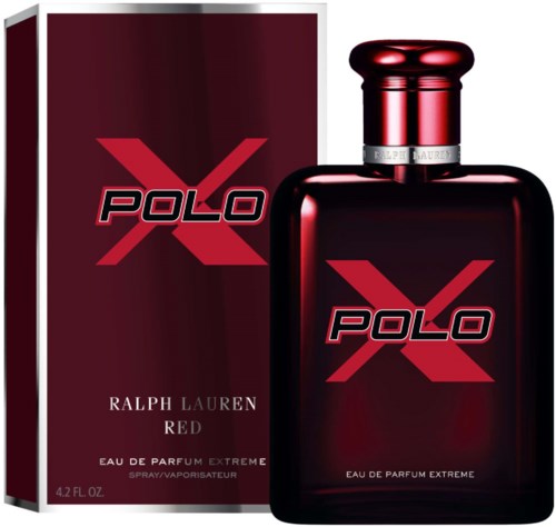 En mörkröd parföljerflaska och förpackning med orden Polo X Ralph Lauren Red och Eau de Parfum Extreme.