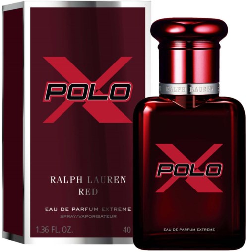 En röd parfymflaska och låda med Polo X-loggan och Ralph Lauren's namn, märkt som Extreme.
