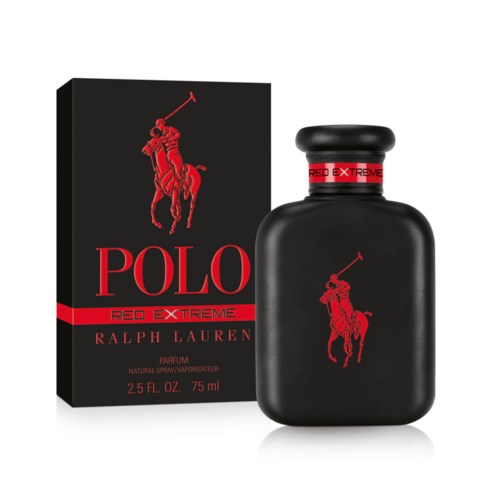 En parfyllflaska och förpackning med svart och röd design, med Polo Ralph Lauren-logotypen med en häst och ryttare.