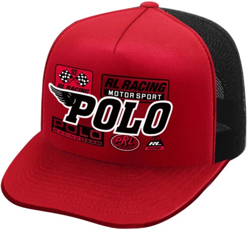 Red and black cap with racing logos and text related to motor sports and Polo.
