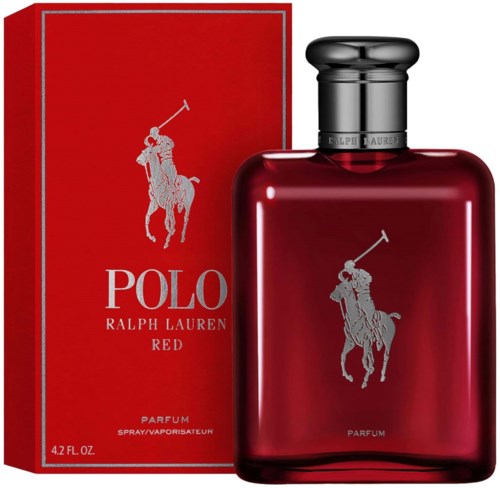 Röd flaska och förpackning med en polo-spelare logga, texten 'POLO' och 'RALPH LAUREN RED'.