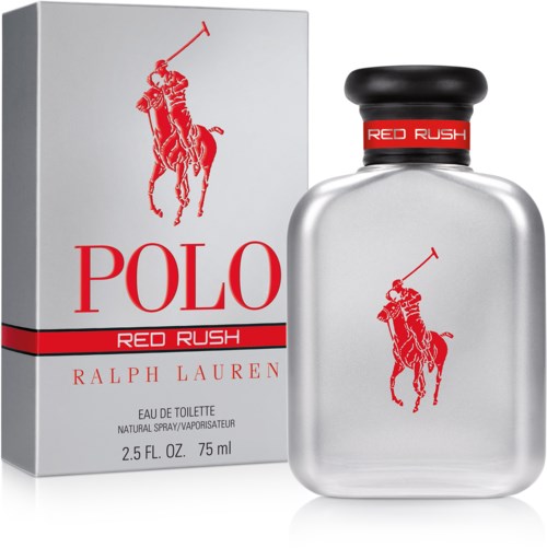 En parfyllfärgad flaska och förpackning för Polo Red Rush av Ralph Lauren. Flaskan är silver med ett svart lock.