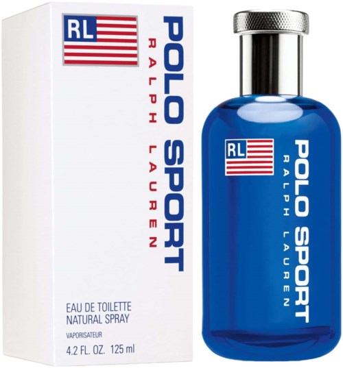 En blå parfrolille med sølvhætte ved siden af en hvid æske. Begge viser Polo Sport Ralph Lauren-logo.