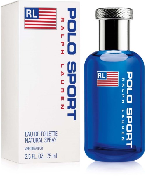 En blå flaske Polo Sport herreparfume ved siden af en hvid æske med rød og blå tekst.