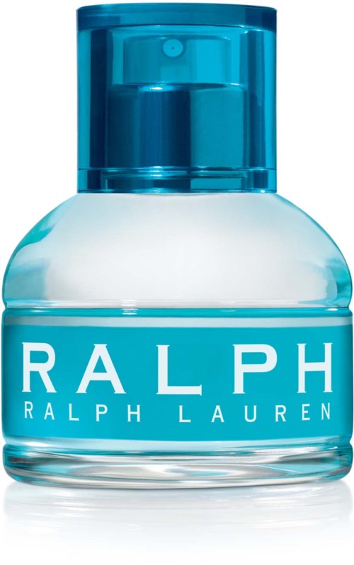 Eine klare Parfümflasche mit blauer Kappe und Etikett, das "RALPH RALPH LAUREN" in weißer Schrift zeigt.