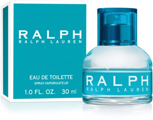 Ein Ralph Lauren Parfümflasche und eine Schachtel sind zu sehen, beide hauptsächlich blau mit weißem Text.