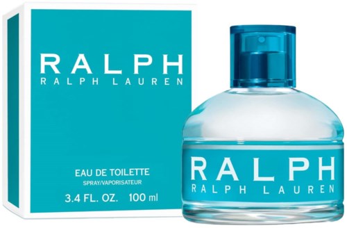 En Ralph Lauren parfymflaska och box, blå och vit, med text och en sprutmunstycke.