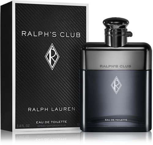 En svart flaska med Ralph's Club-parfym bredvid sin box, som har en svart texturerad bakgrund och vit text.