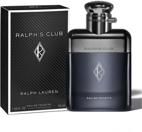 A Ralph's Club perfume bottle and box, sleek black design, with silver and blue accents, and the brand name.