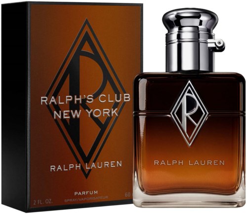 Butelka perfum Ralph Lauren z szarym kapeluszem, z gradientem w kolorze bursztynu i logo w kształcie diamentu, obok opakowania.