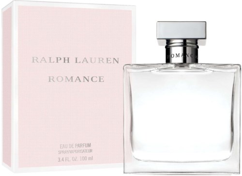 En parfymflaska med en rosa förpackning märkt 'Ralph Lauren Romance' bredvid.