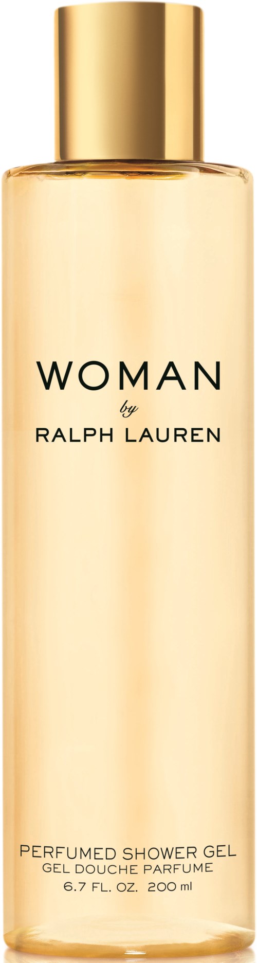 En lång, klart flaska med guldlock och ljusgul vätska, märkt 'WOMAN by RALPH LAUREN', parfym duschgel.