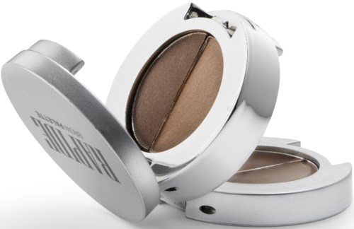 A compact with two brown eyeshadow shades, open to show different colors inside.