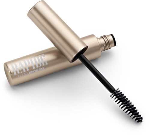 En guldfärgad tub med borste applicator bredvid, märkt RAPID och CLAB BROW GEL.