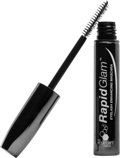 En svart mascara-emballasje med åpen børste, merket "RapidGlam" for forlengelse av vipper.