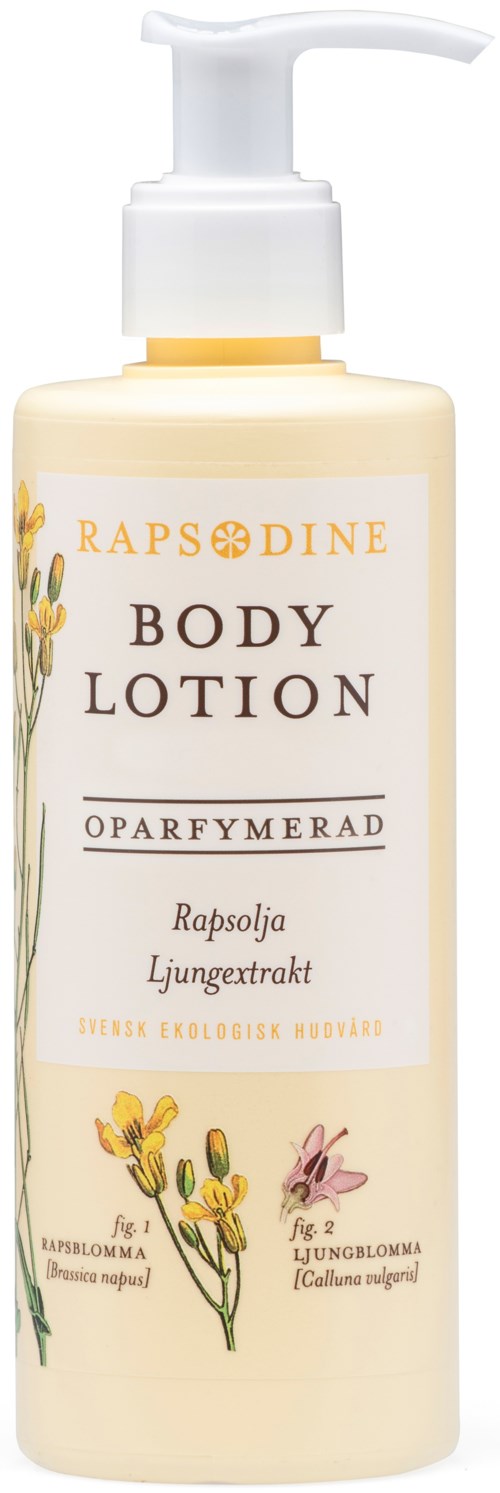En lotionflaske merket 'Body Lotion' med planteillustrasjoner og tekst på norsk.