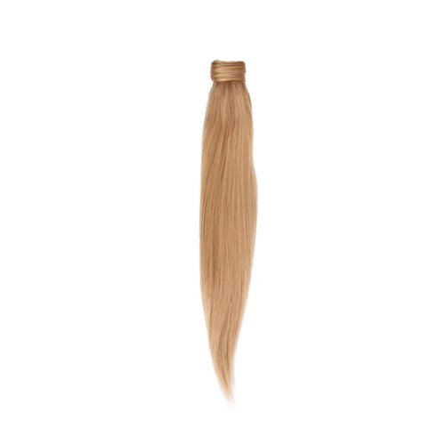 En bunt av blont håruttag eller perukhår mot en vit bakgrund.