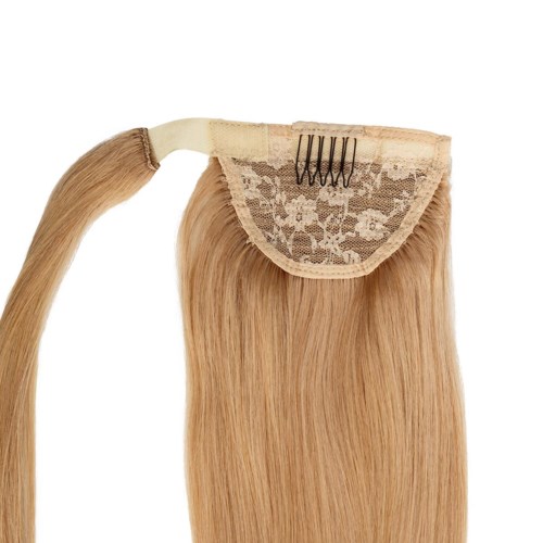 Klipp-in-hårförlängning med blont hår, fäst med spets och klämmor för att fästa.